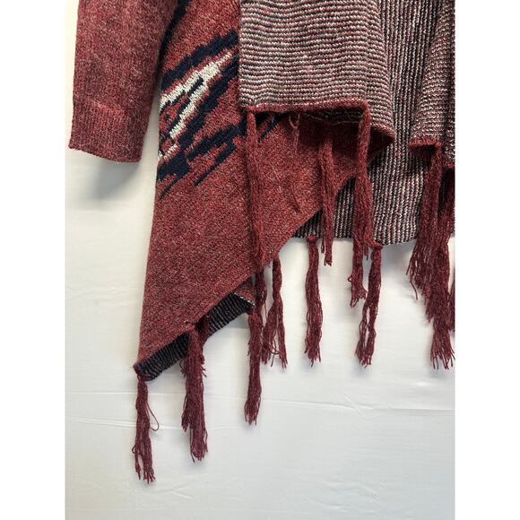 Boho Fringe Open Front Cardigan Sweater Maroon Aztec Shawl Collar Cozy - Picture 8 of 10